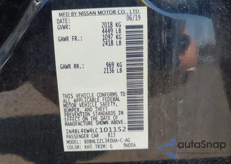 2020 Nissan Altima Sl из США, поврежденный, VIN 1N4BL4EW4LC101152